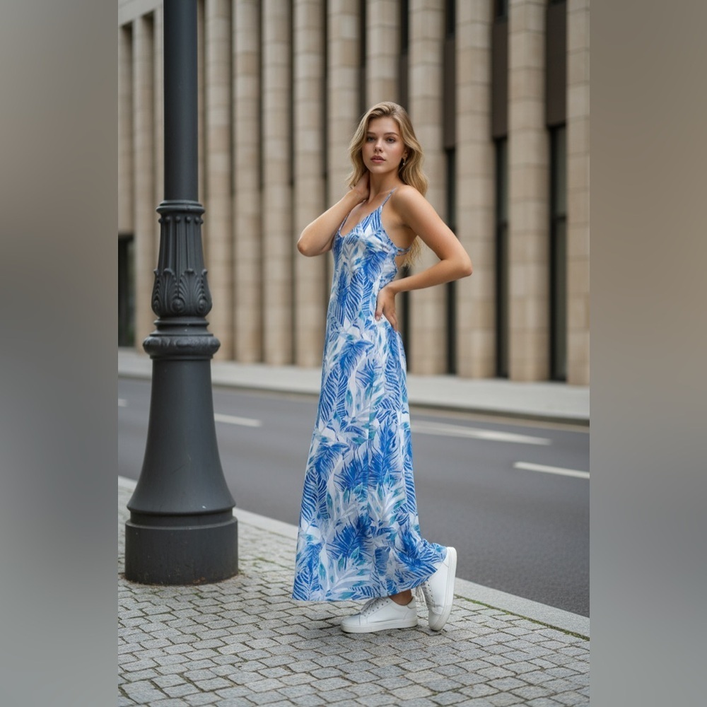 Tropical Blue and White Maxi Dress - Picture 9 of 10